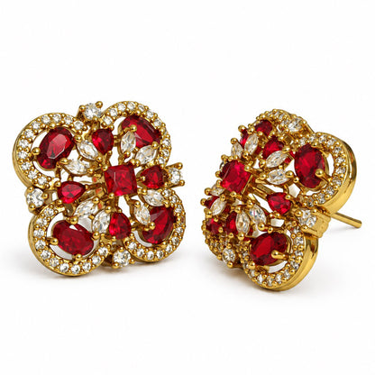Red Four Petal Oval Stone Stud Earrings - Gold Plated