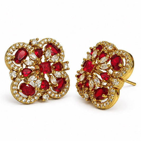 Red Four Petal Oval Stone Stud Earrings - Gold Plated