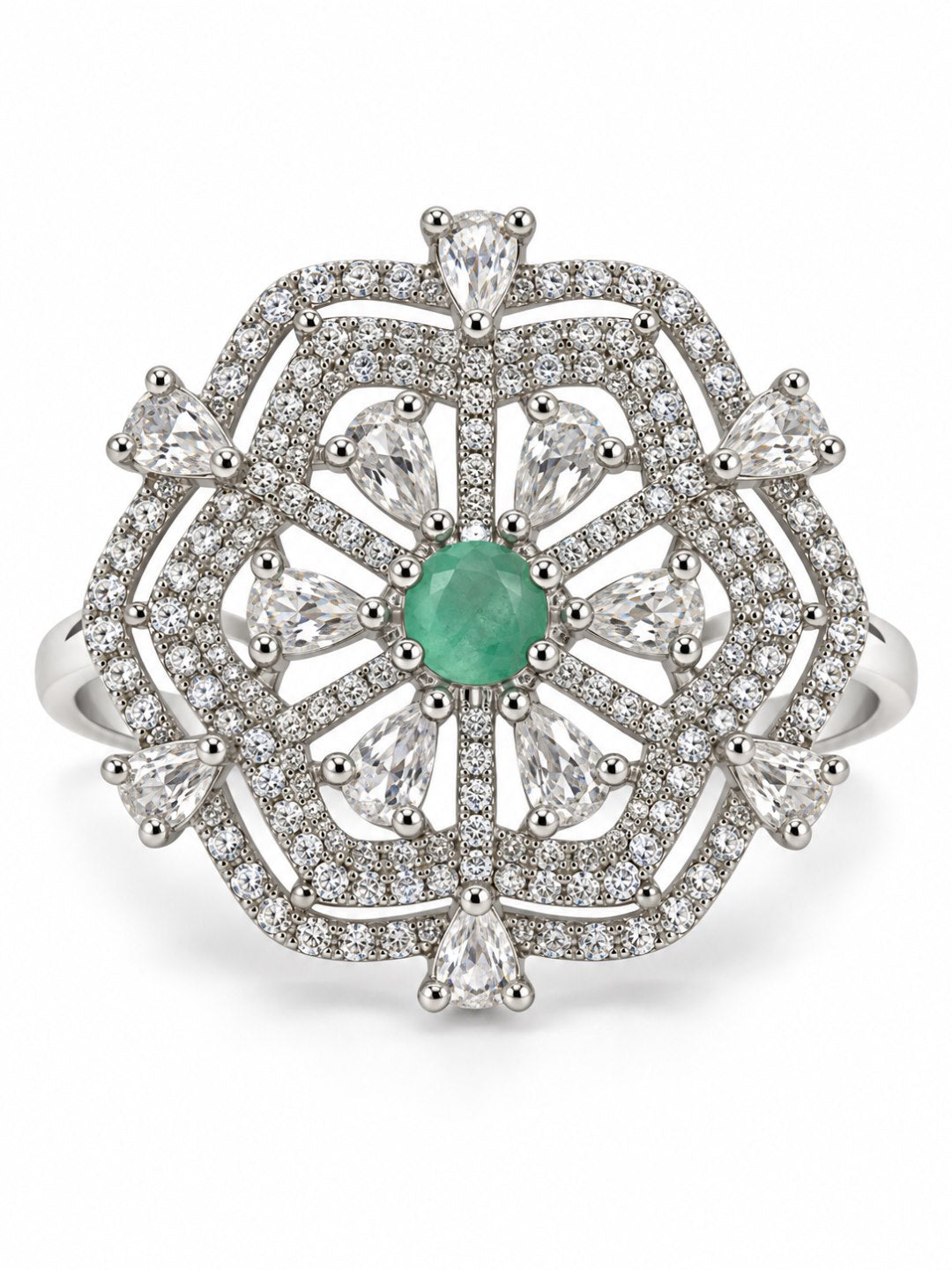 Mint Green Round Center Geometric Flower Ring - Silver Plated - alternate view