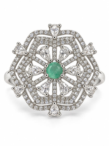 Mint Green Round Center Geometric Flower Ring - Silver Plated - alternate view