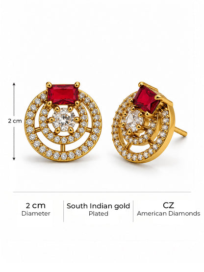 Red Stone Double Halo Stud Earrings, gold plated, size and plating details