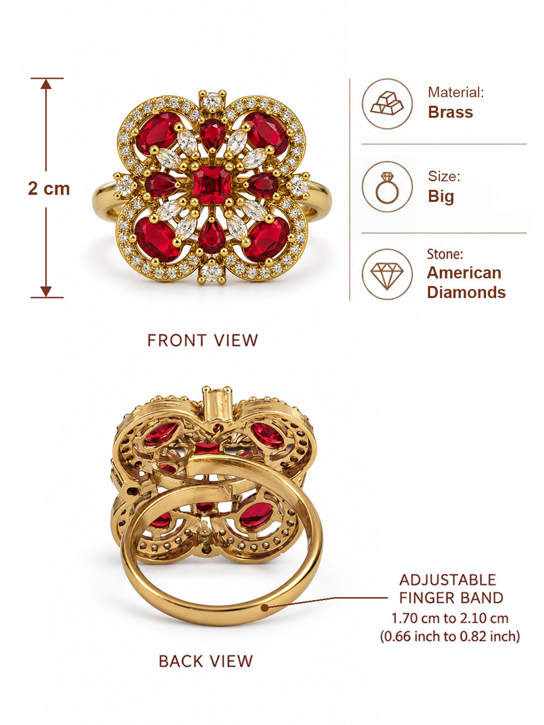 Red Stone Four Leaf Clover Cluster Ring - Gold Plated, additional view 6