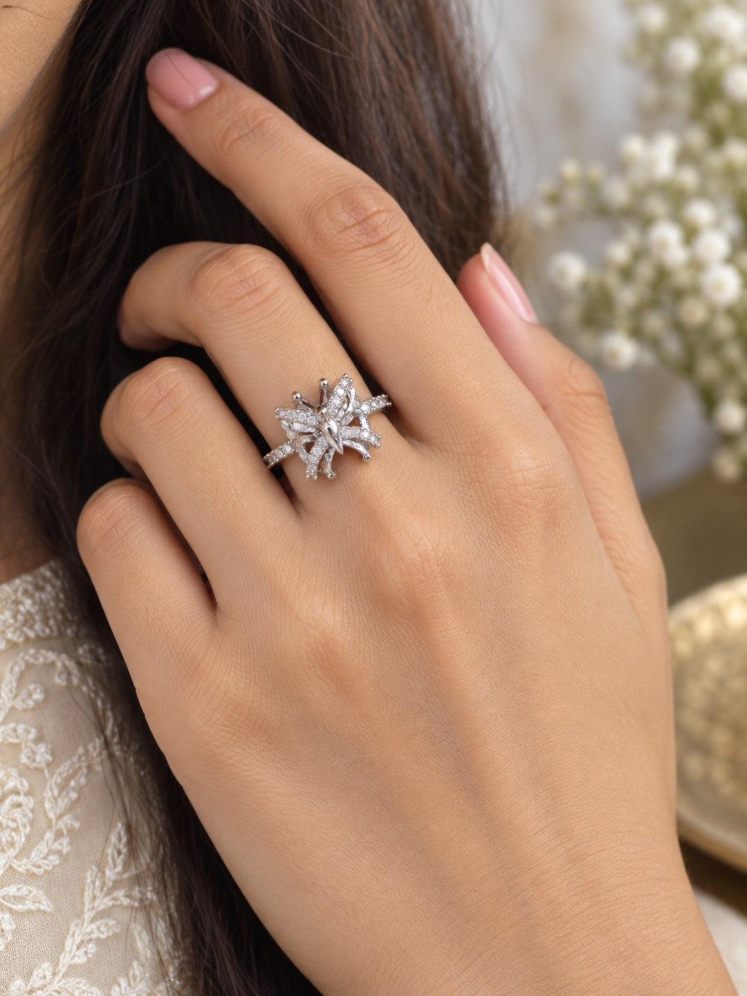 Clear Butterfly Ring - Silver Plated worn on hand