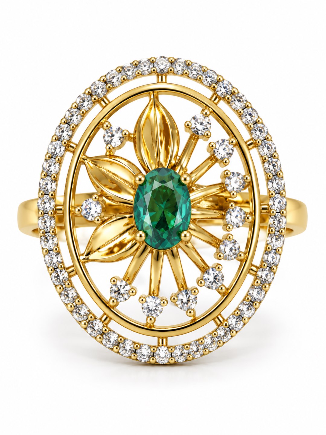 Sea Green Center Stone Oval Sunburst Ring - Gold Plated