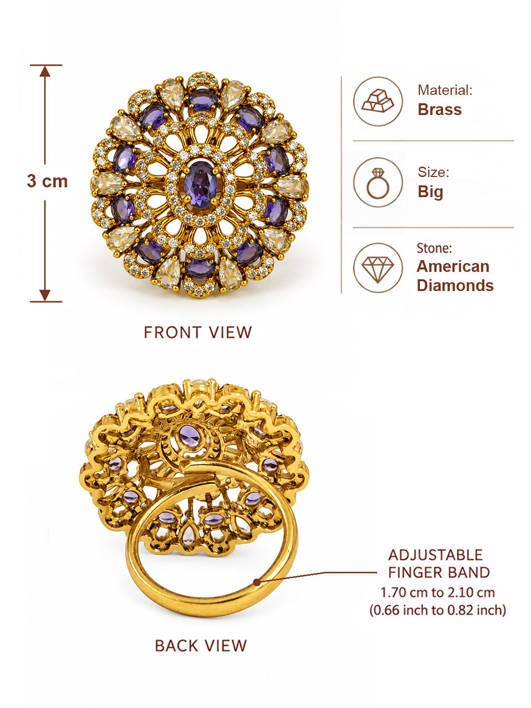Purple Stone Ornate Floral Cluster Ring - Gold Plated, additional view 6