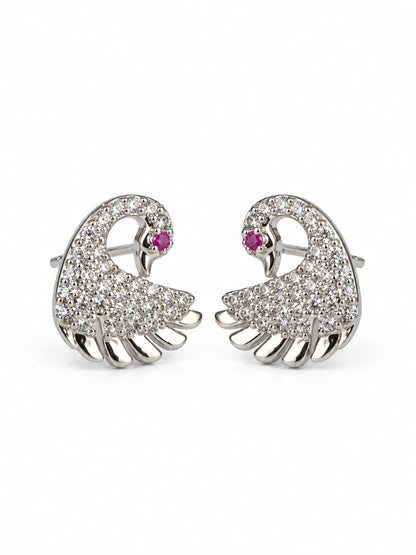 Clear Stone Swan Stud Earrings, silver plated, additional product view