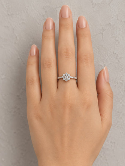 Clear Stone Floral Cluster Ring - Silver Plated, model close-up