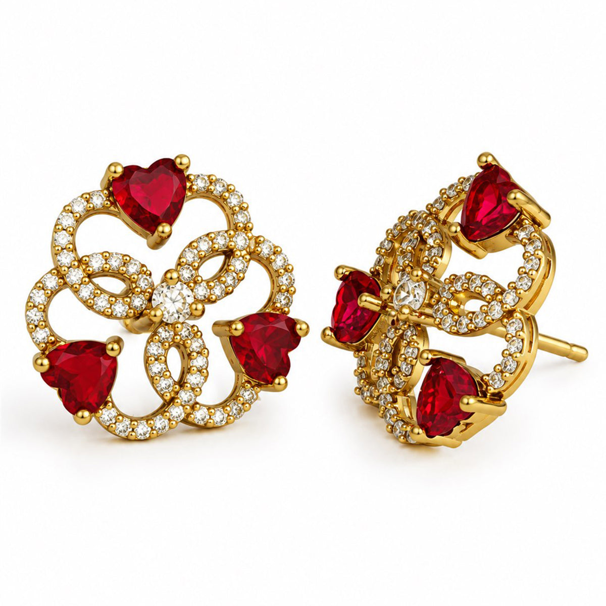 Red Three Heart Openwork Floral Stud Earrings - Gold Plated