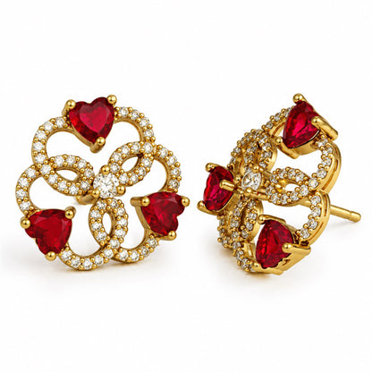 Red Three Heart Openwork Floral Stud Earrings - Gold Plated