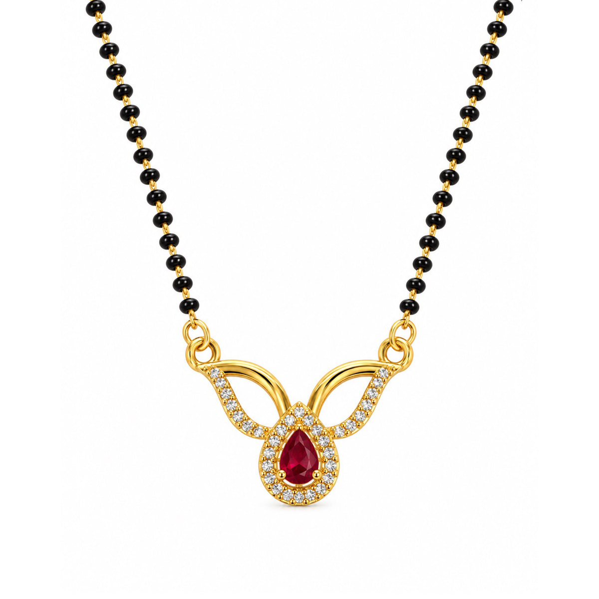 Red teardrop and open leaf gold-plated mangalsutra
