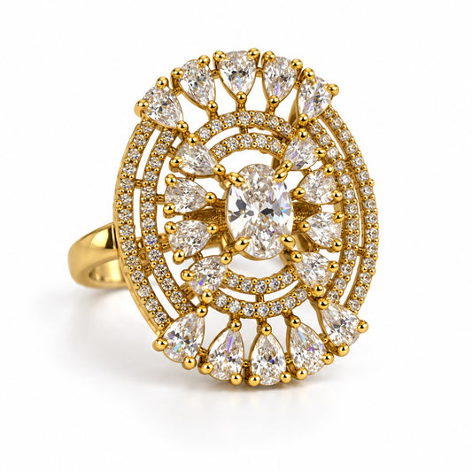 Clear Stone Oval Teardrop Halo Ring - Gold Plated, product view