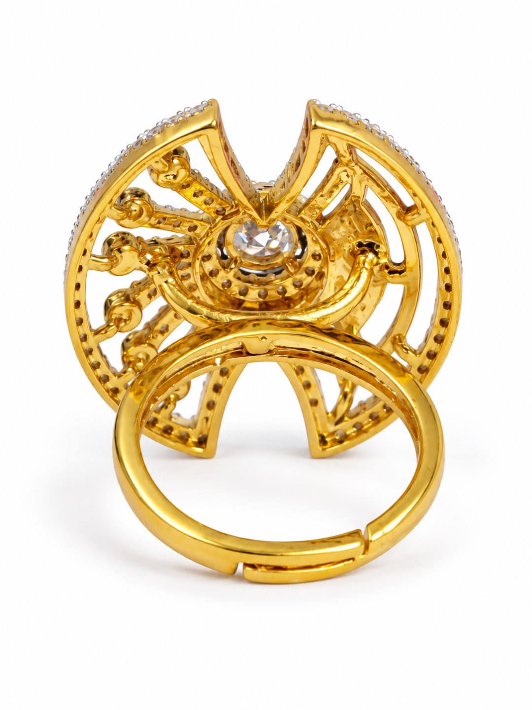 White Center Stone Fan Motif Ring - Gold Plated