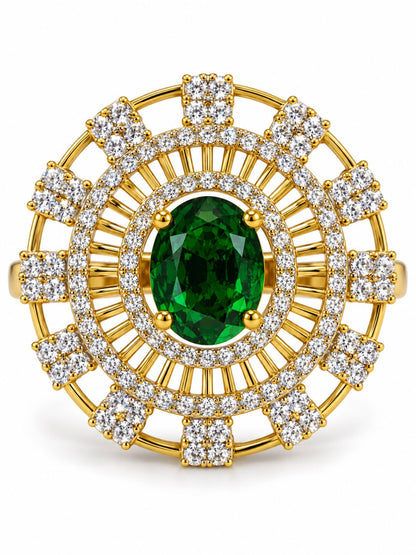 Green Center Stone Baguette Halo Ring - Gold Plated