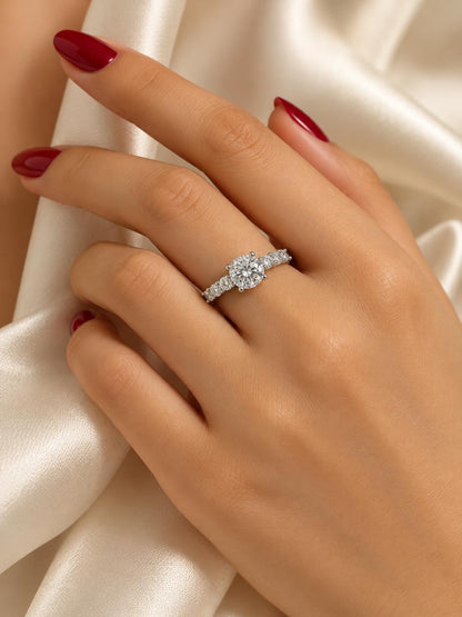 Clear Round Stone Graduated Shoulder Ring - Silver Plated, model close-up