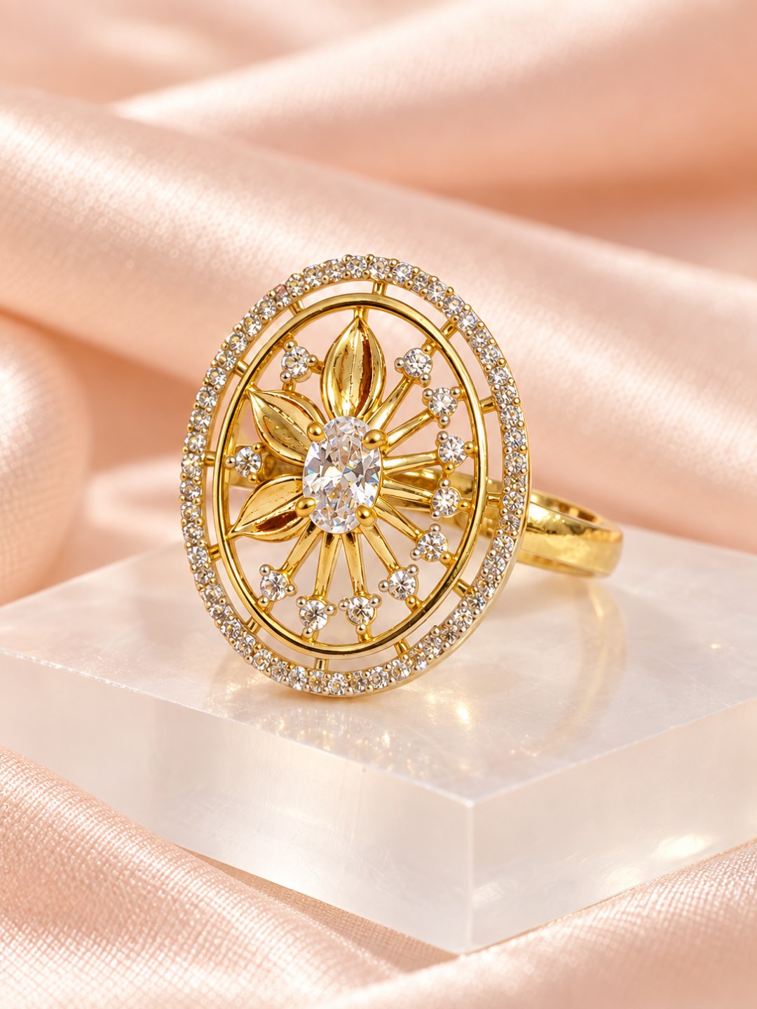 White Center Stone Oval Sunburst Ring - Gold Plated