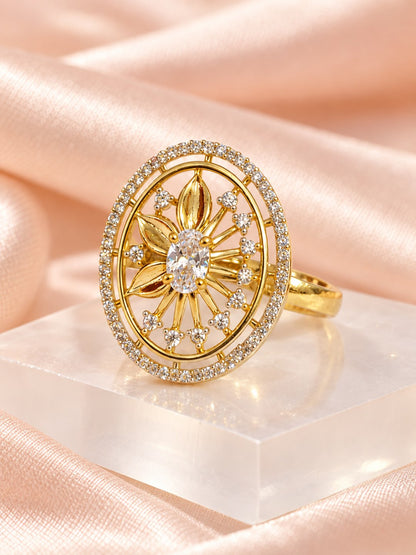 White Center Stone Oval Sunburst Ring - Gold Plated
