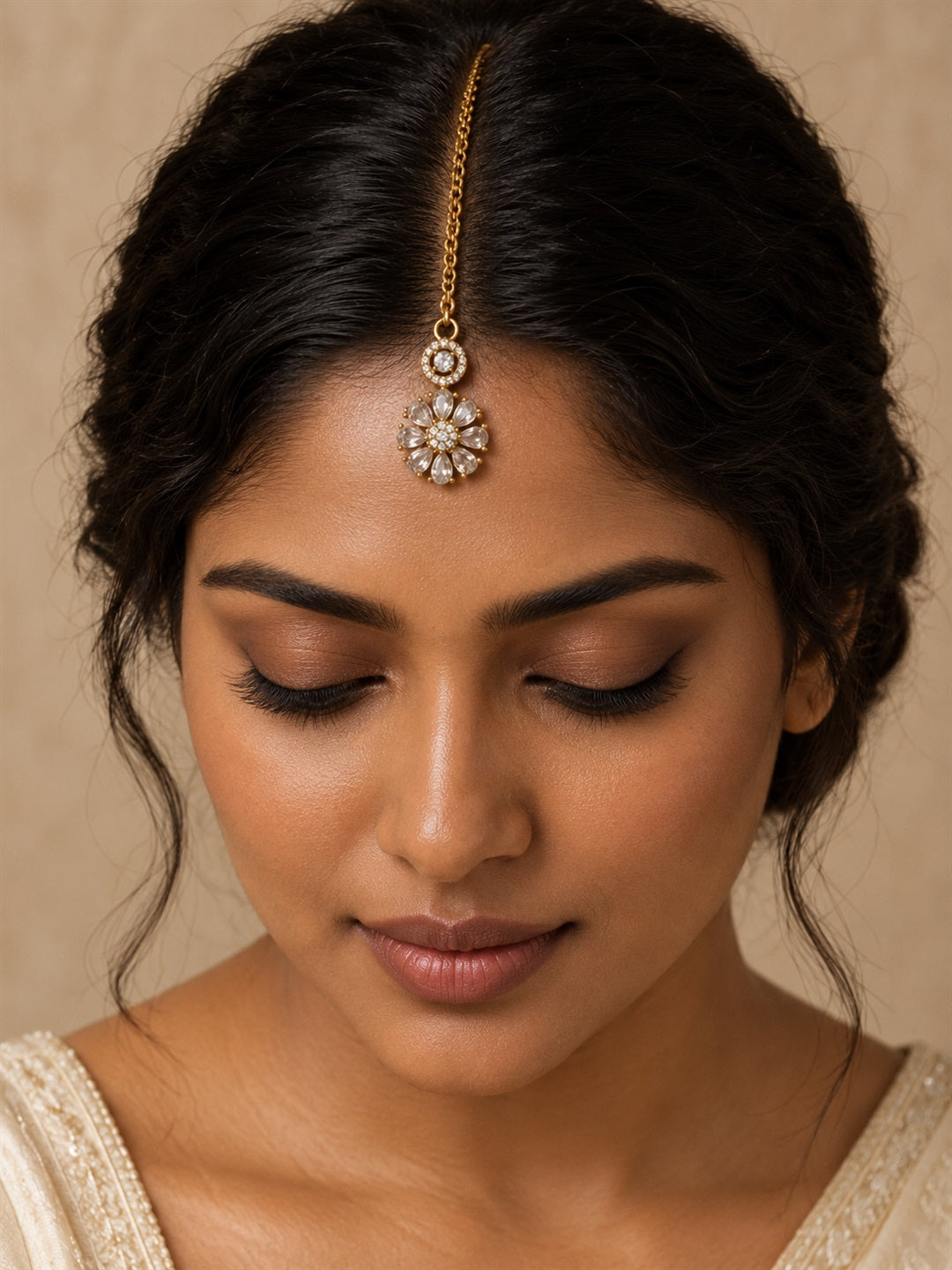 Clear Teardrop Floral Maang Tikka - Gold Plated, model close-up