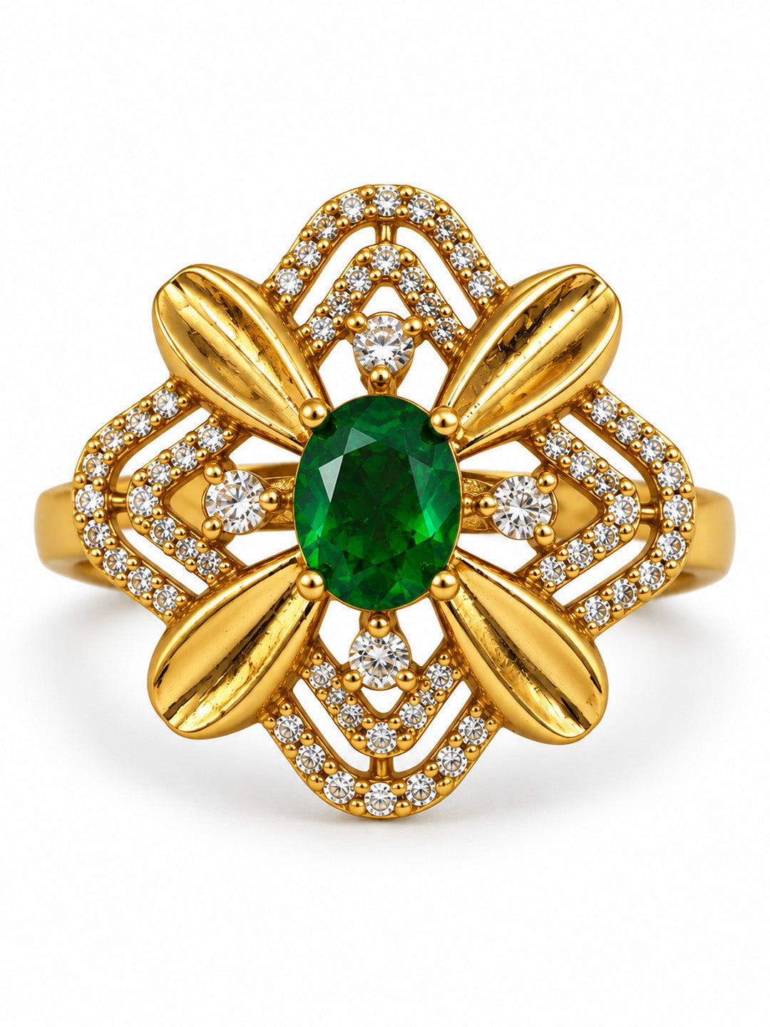 Green Stone Four Petal Floral Ring - Gold Plated, additional view 7