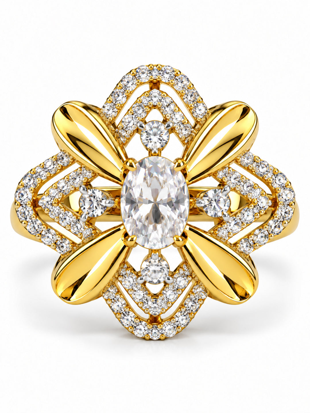 White Center Stone Four-Petal Floral Ring - Gold Plated
