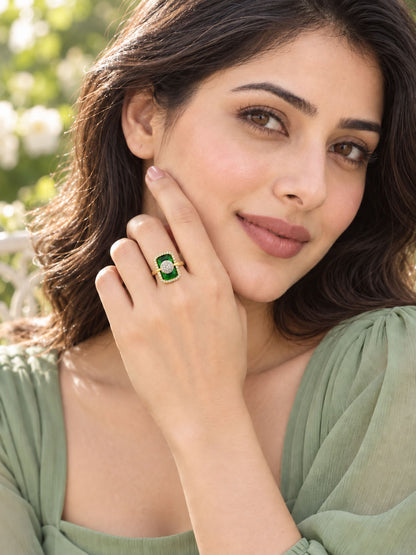 Gold Plated Green American Diamond Adjustable Finger Ring - model lifestyle