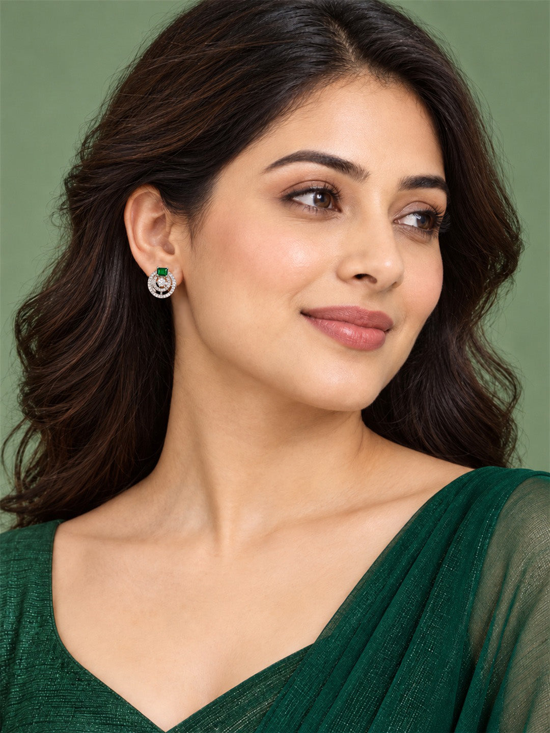 Green Stone Double Halo Stud Earrings, silver plated, worn on model