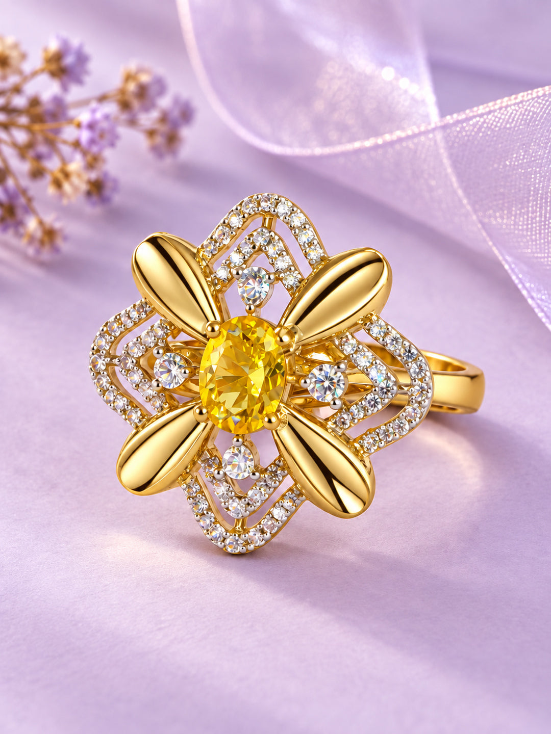 Yellow Center Stone Four-Petal Floral Ring - Gold Plated