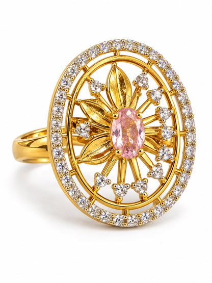 Pink Center Stone Oval Sunburst Ring - Gold Plated