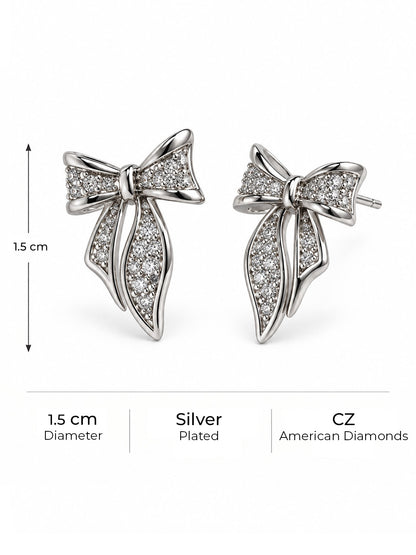 Clear Pave Bow Stud Earrings, silver plated, size and plating details