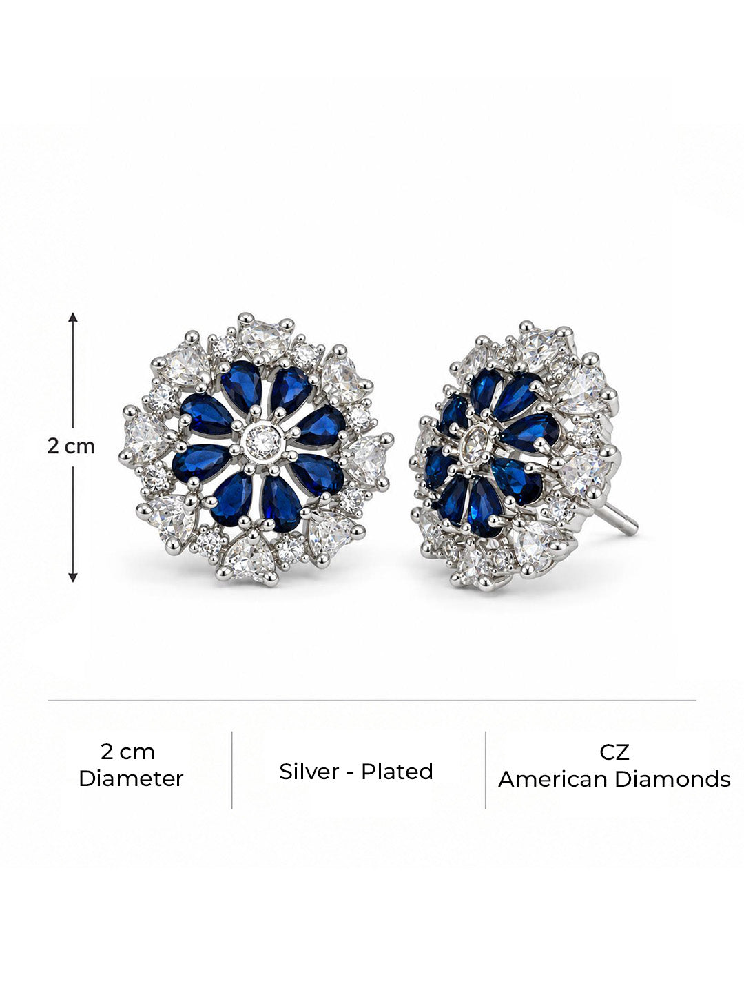 Blue heart-petal flower silver-plated stud earrings