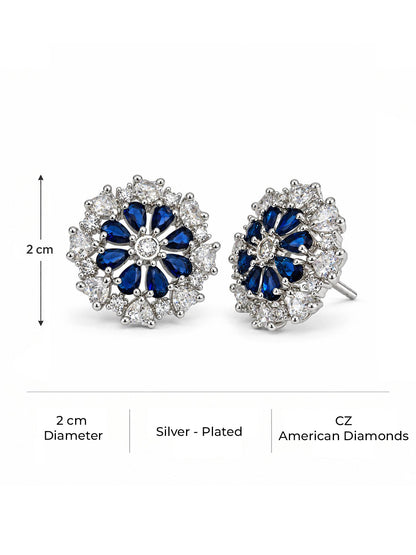 Blue heart-petal flower silver-plated stud earrings