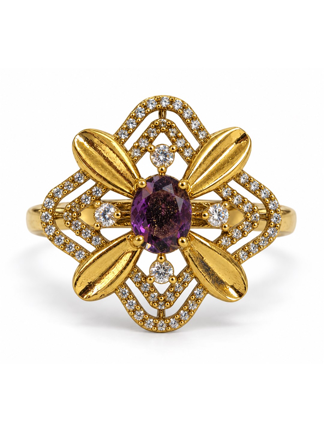 Purple Stone Four Petal Floral Ring - Gold Plated, additional view 4