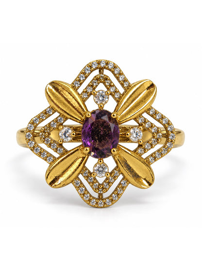Purple Stone Four Petal Floral Ring - Gold Plated, additional view 4