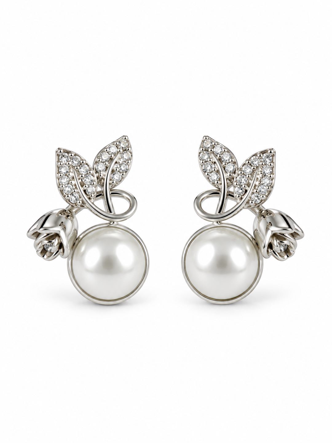White Pearl-Effect Leaf Stud Earrings, silver plated, additional product view