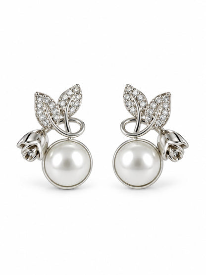White Pearl-Effect Leaf Stud Earrings, silver plated, additional product view