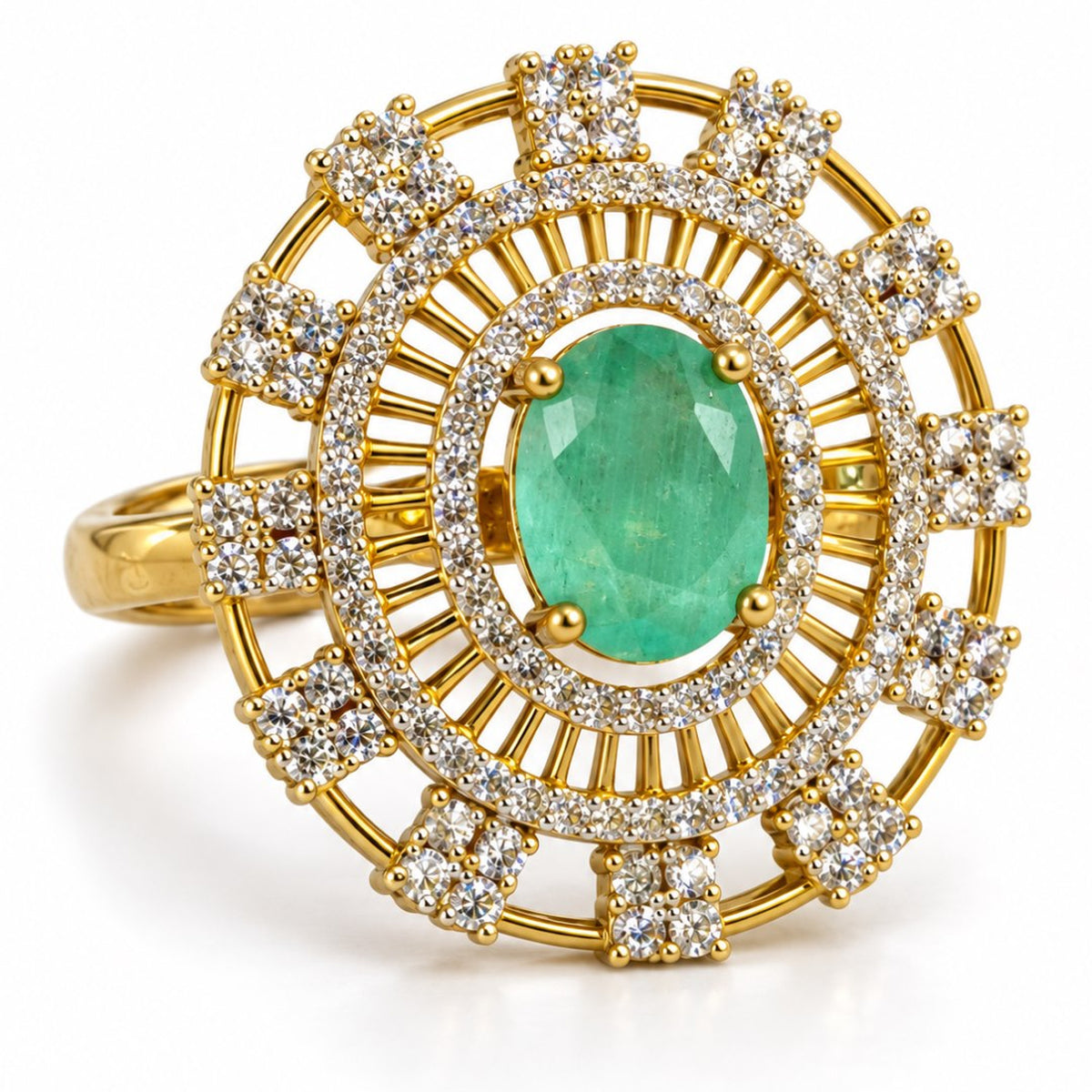 Sea Green Center Stone Baguette Halo Ring - Gold Plated