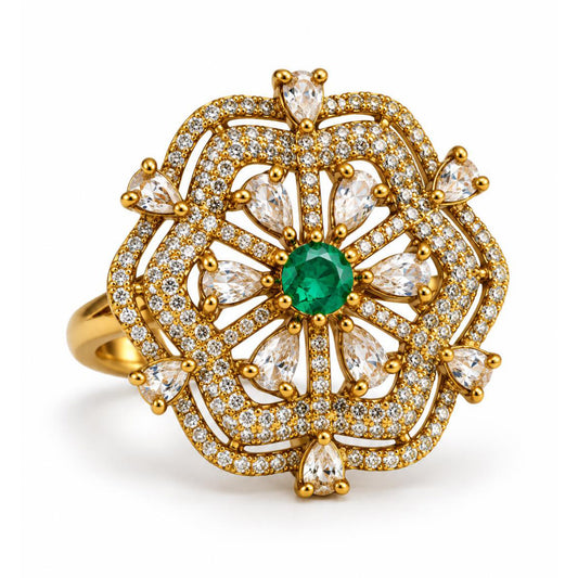 Sea Green Stone Scalloped Floral Halo Ring - Gold Plated, product view