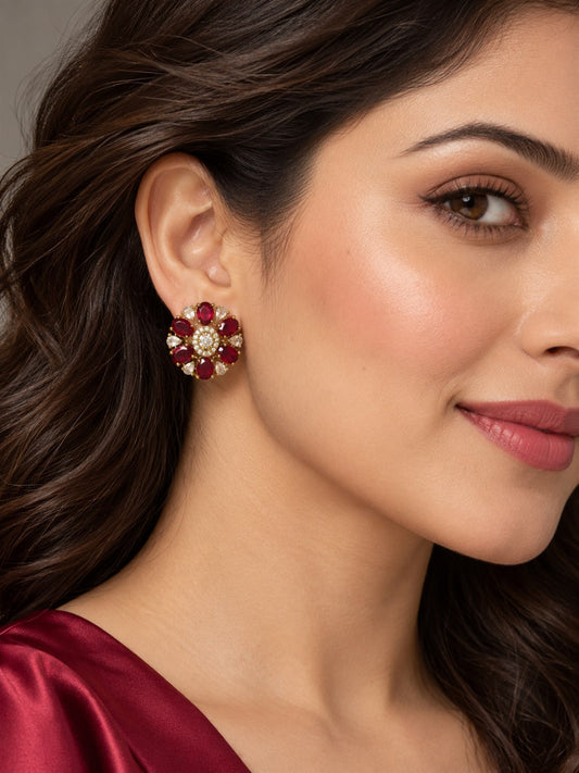 Red Oval Petal Floral Stud Earrings - Gold Plated on a model