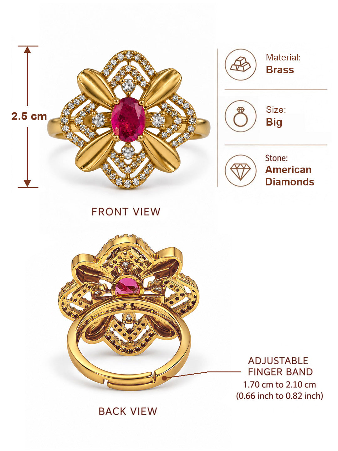 Red Stone Four Petal Floral Ring - Gold Plated, additional view 6