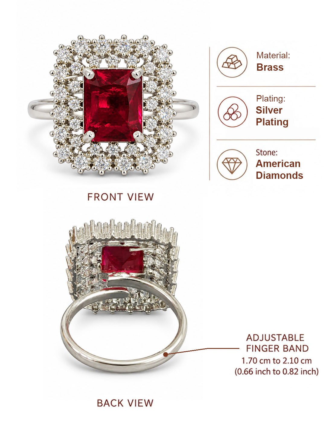 Silver Pink Stone AD Ring – Rectangle-Cut with Heavy Halo Design - dimensions and product details