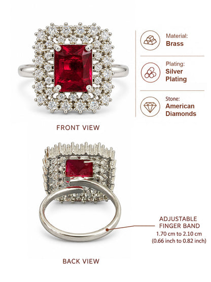 Silver Pink Stone AD Ring – Rectangle-Cut with Heavy Halo Design - dimensions and product details