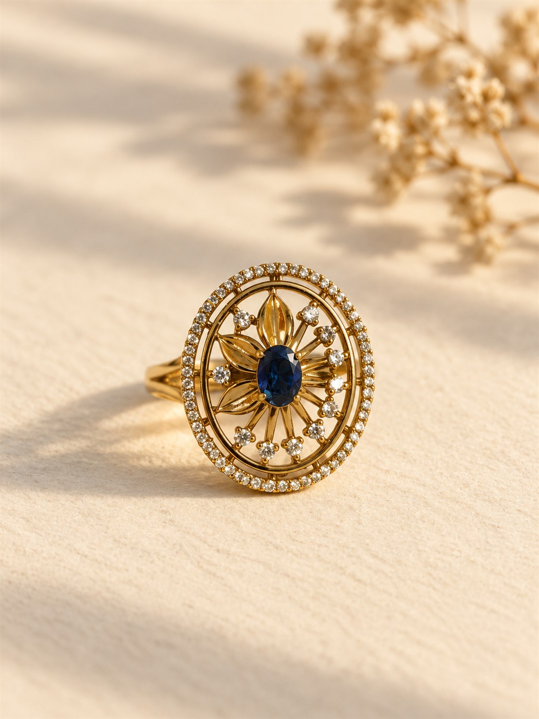 Blue Stone Oval Sunburst Ring - Gold Plated, additional view 3