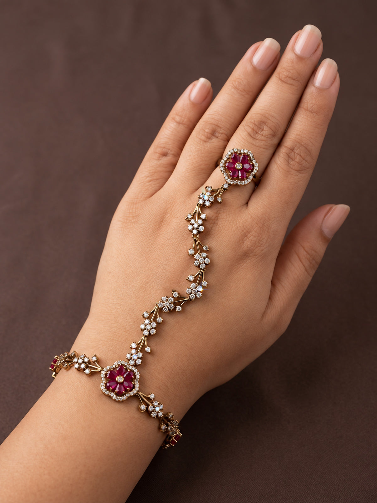 Red Floral Marquise-Stone Chain Hathphool - Mehndi Plated