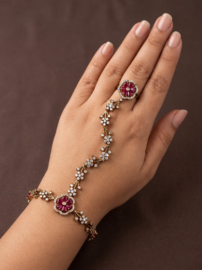 Red Floral Marquise-Stone Chain Hathphool - Mehndi Plated