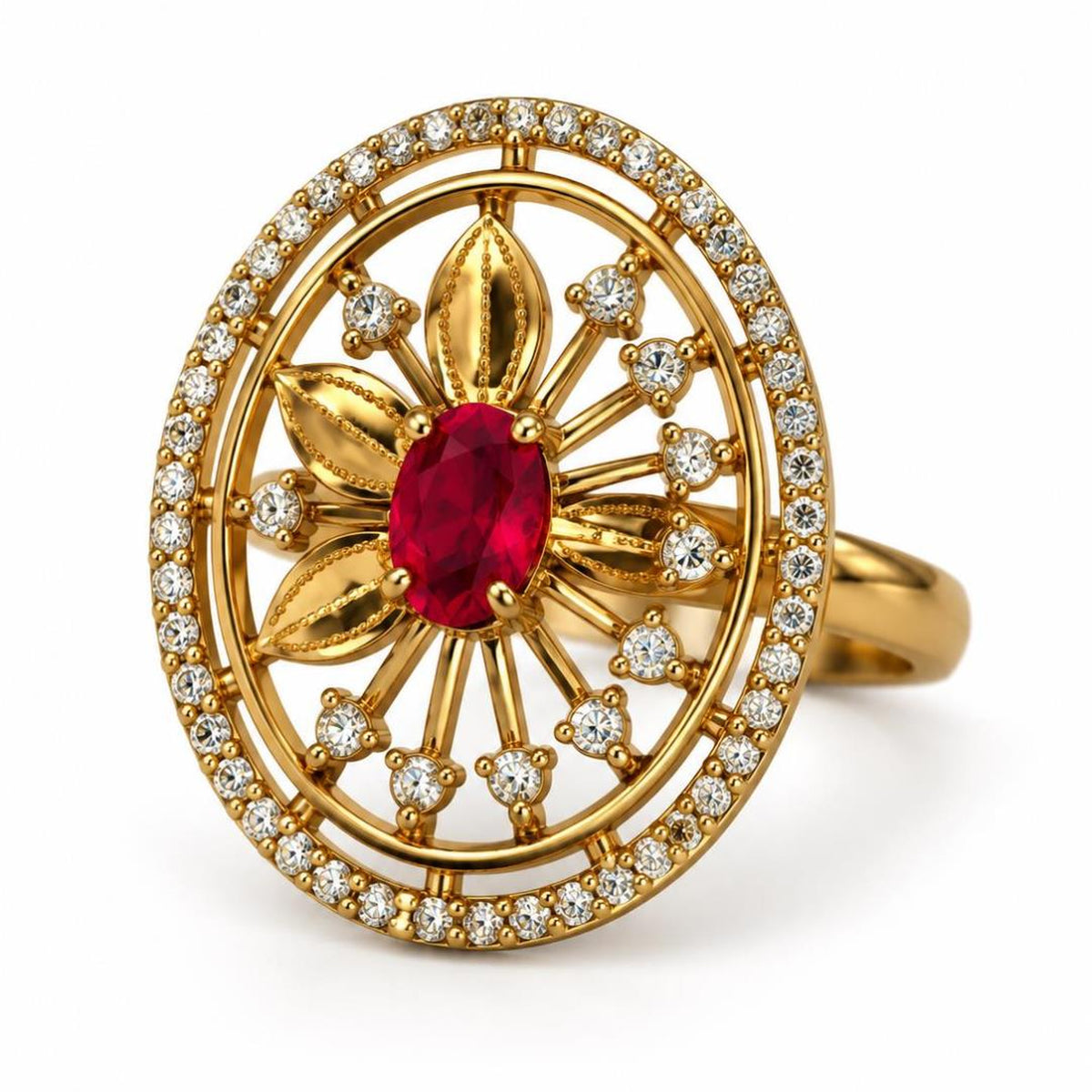 Red Stone Oval Sunburst Ring - Gold Plated, product view