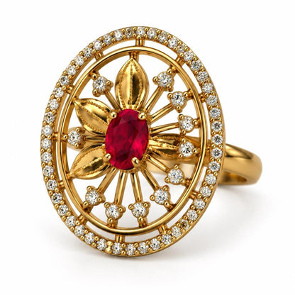 Red Stone Oval Sunburst Ring - Gold Plated, product view