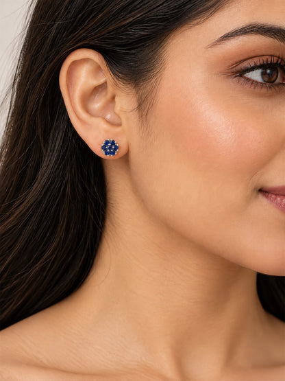 Blue Stone Floral Cluster Stud Earrings, silver plated, model close-up