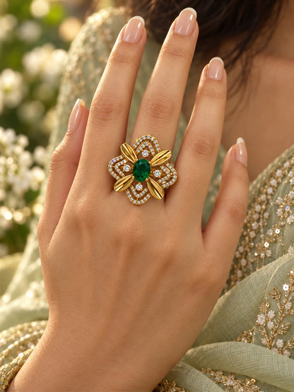 Green Stone Four Petal Floral Ring - Gold Plated, model close-up