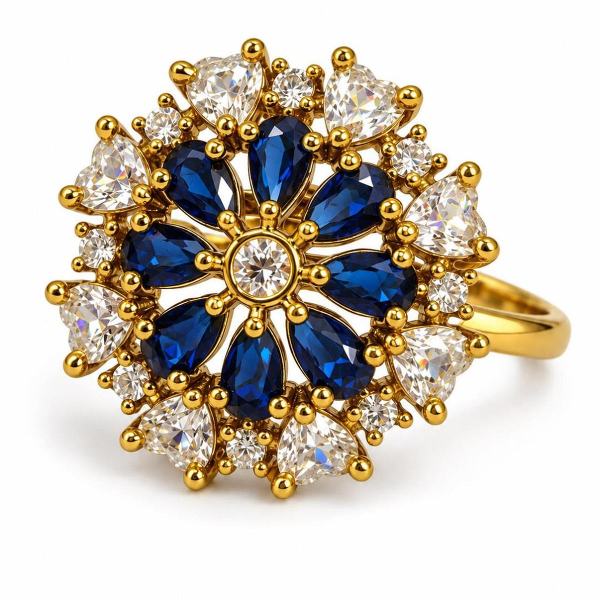 Blue Stone Teardrop Floral Cluster Ring - Gold Plated, product view