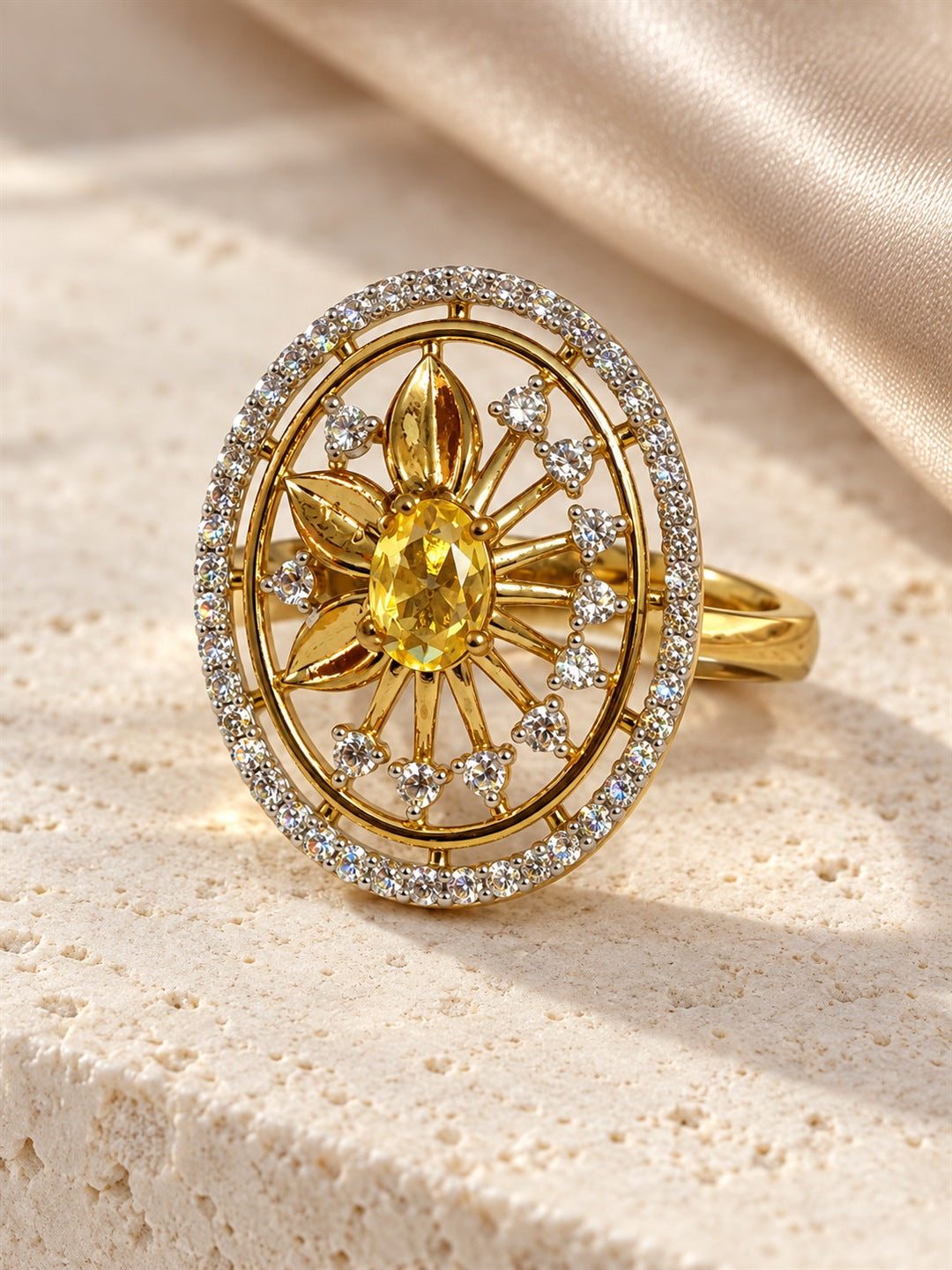 Yellow Center Stone Oval Sunburst Ring - Gold Plated