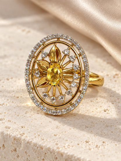 Yellow Center Stone Oval Sunburst Ring - Gold Plated